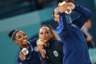 Rebeca Andrade, Simone Biles and Jordan Chiles took the podium finish in floor exercise (IMAGE: GETTY)